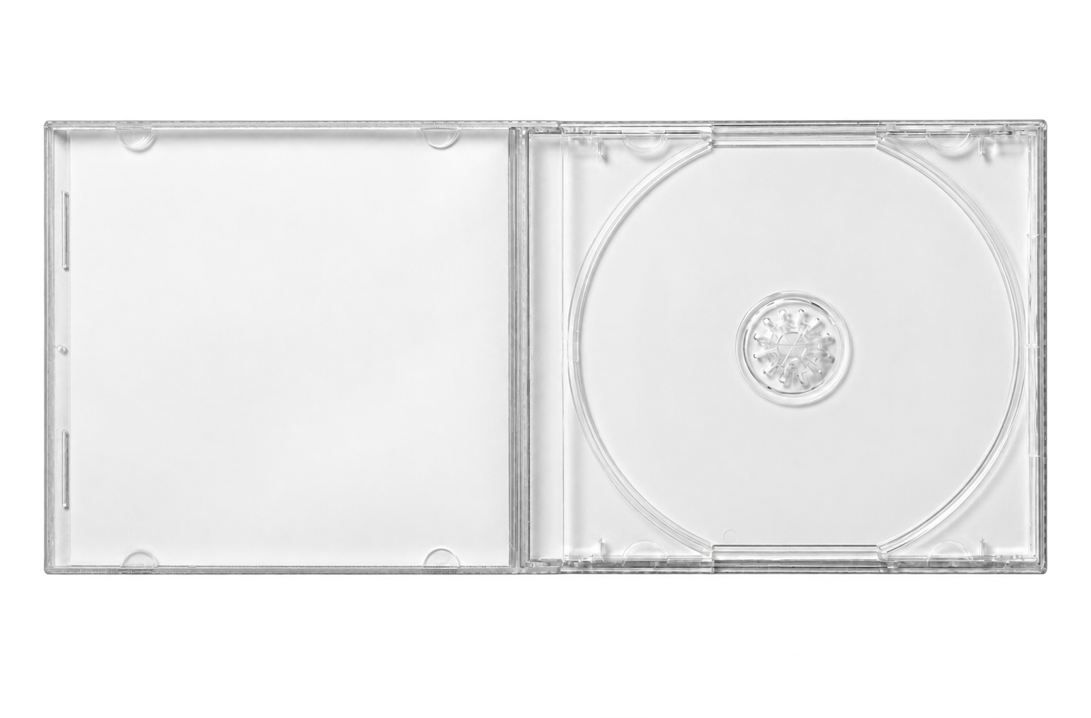 Open transparent plastic CD case